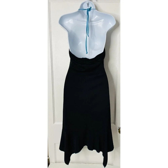 Vtg Byer Too! Halter Dress Sz M Y2K Drop Waist Handkerchief Hem Black Blue Trim - Picture 3 of 7